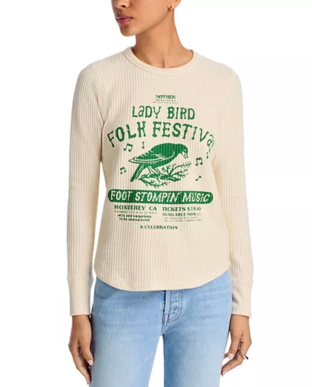 MOTHER Womens Lady Bird Folk Festival Thermal Top Cream Green Graphic S Camp NWT